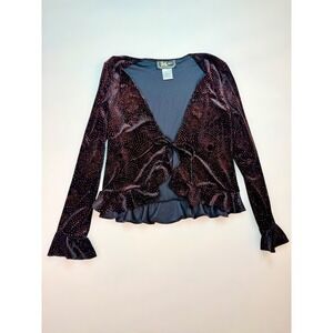 Vintage R&K Evening Velvet Glitter Tie Front Ruffle Emo Cardigan Top Red Gothic‎